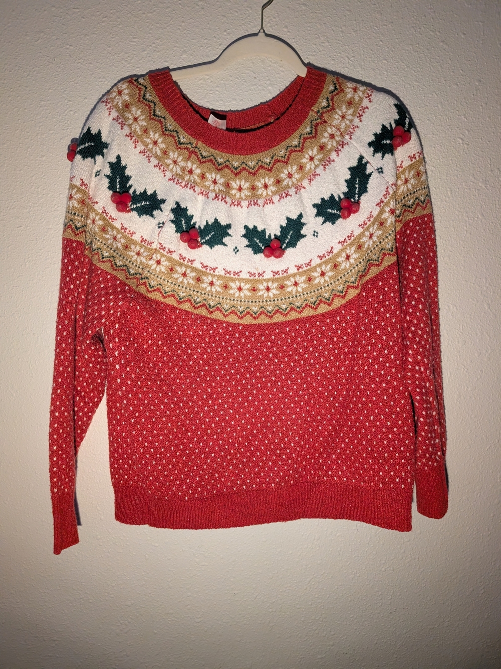 Red Holiday Time Knit Sweater with Holly Motif L 12/14